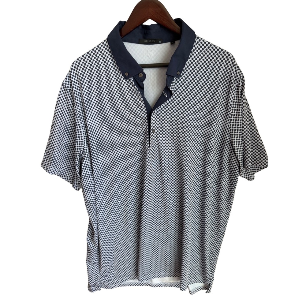 Greyson Wolf Head Micro Print Performance Polo Men XL Blue White Golf Old Money